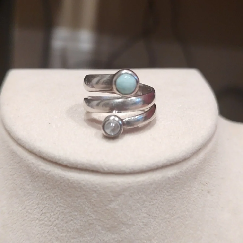 Sterling Silver Wrap Ring with Light Blue and Aquamarine Stones
